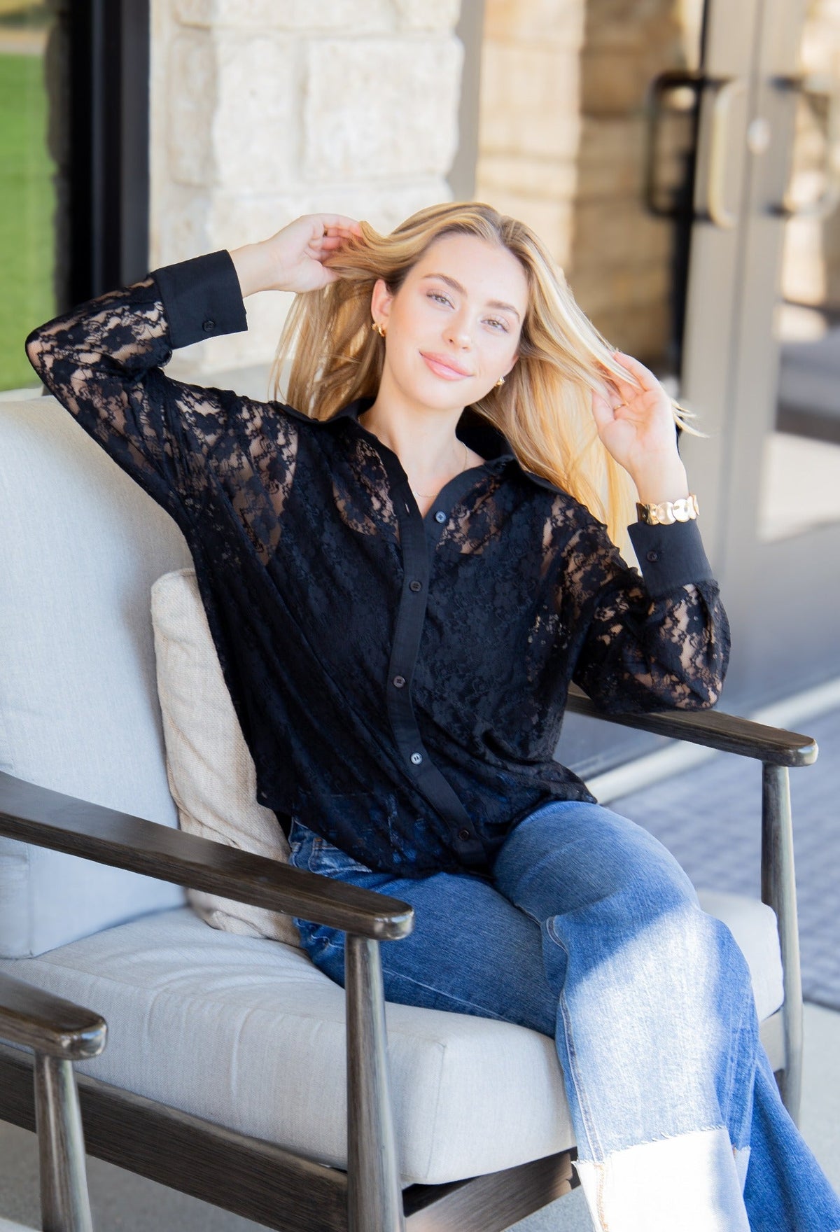 Grace+Emma Kathryn Classic Button-Up top in black lace for women, featuring a stylish button-up design and elegant lace fabric.