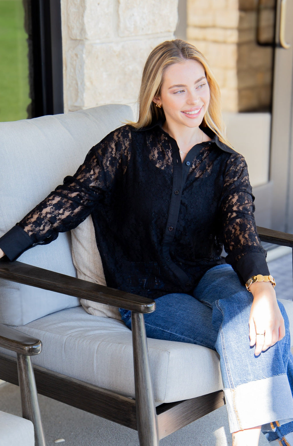 Grace+Emma Kathryn Classic Button-Up top in black lace for ladies, featuring a stylish and elegant design.
