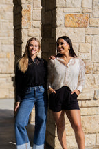 Grace+Emma Kathryn Classic Button-Up top in black lace for ladies, shown in XS size with detailed lace fabric.