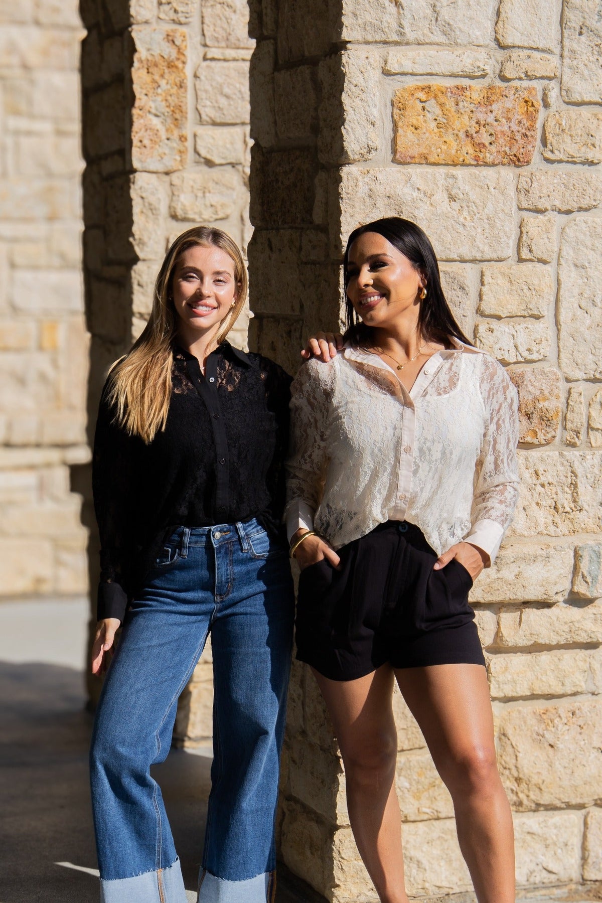Grace+Emma Kathryn Classic Button-Up top in black lace for ladies, shown in XS size with detailed lace fabric.