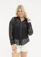 Grace+Emma Kathryn Classic Button-Up ladies top in black lace, shown in size XS with detailed lace fabric and button front.