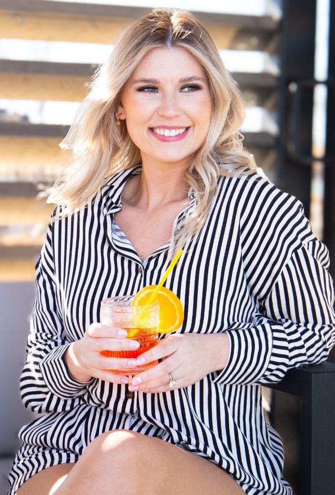Grace+Emma Kathryn Classic Button-Up top for ladies in black stripe pattern, featuring a tailored fit and collared design.