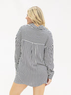 Grace+Emma Kathryn Classic button-up top for women, black and white striped design, casual ladies top with button-front detail.