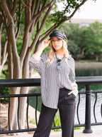 Grace+Emma Kathryn Classic button-up ladies top in black stripes, featuring a tailored fit and stylish design.