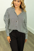 Grace+Emma Kathryn Classic button-up top for women in black stripes, featuring a tailored fit and stylish design.