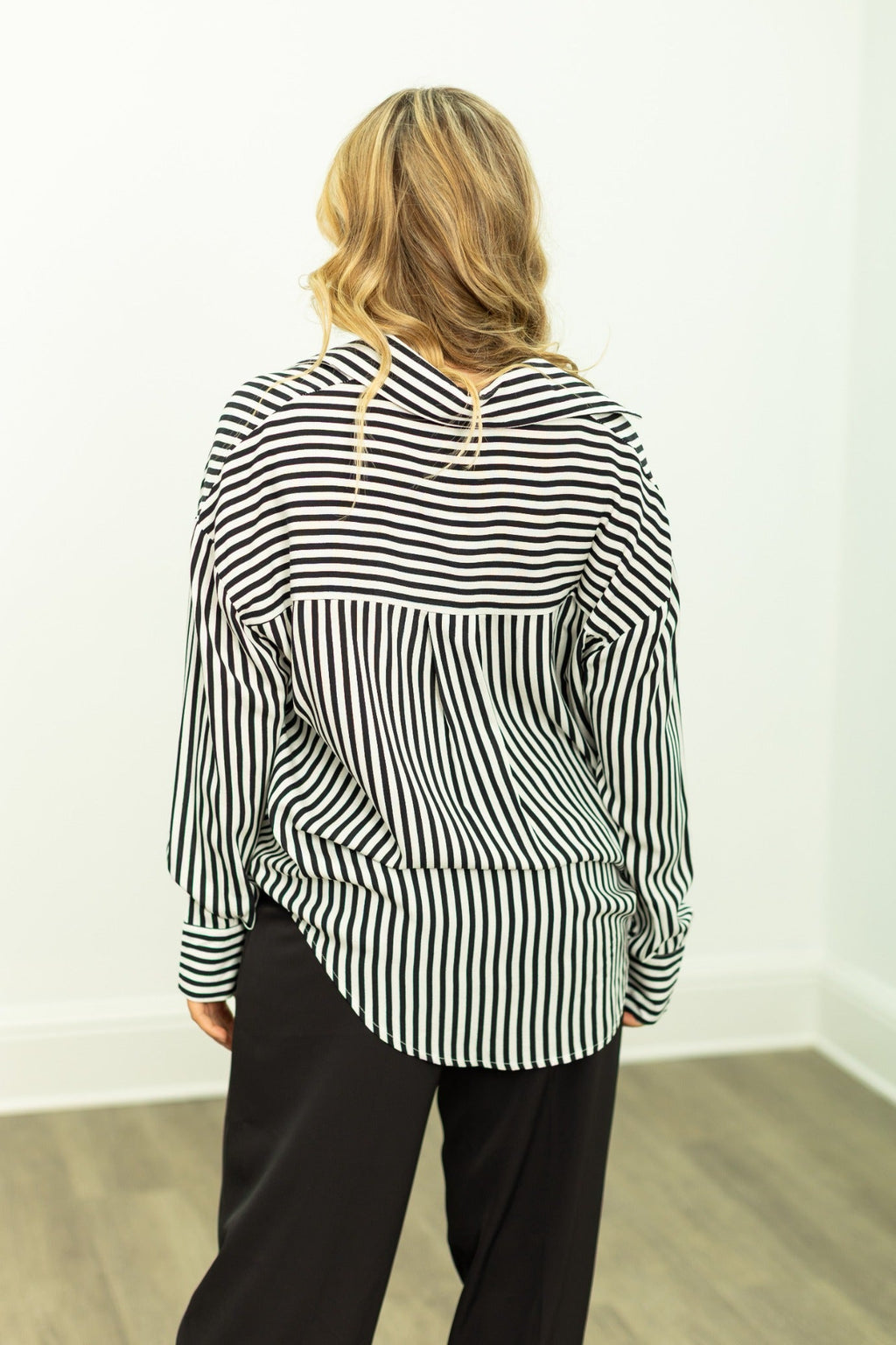 Grace+Emma Kathryn Classic Button-Up top for ladies in black stripes, featuring a stylish and timeless design.