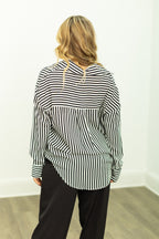 Grace+Emma Kathryn Classic Button-Up top for ladies in black stripes, featuring a stylish and timeless design.
