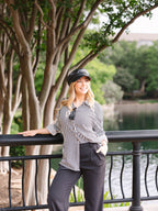 Grace+Emma Kathryn Classic Button-Up top in black stripes, women's casual blouse with long sleeves and a front button closure.