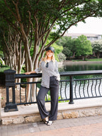 Grace+Emma Kathryn Classic Button-Up top for women in black stripes, showcasing a stylish, fitted ladies blouse with button details.