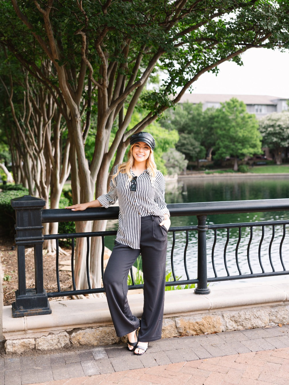 Grace+Emma Kathryn Classic Button-Up top for women in black stripes, showcasing a stylish, fitted ladies blouse with button details.