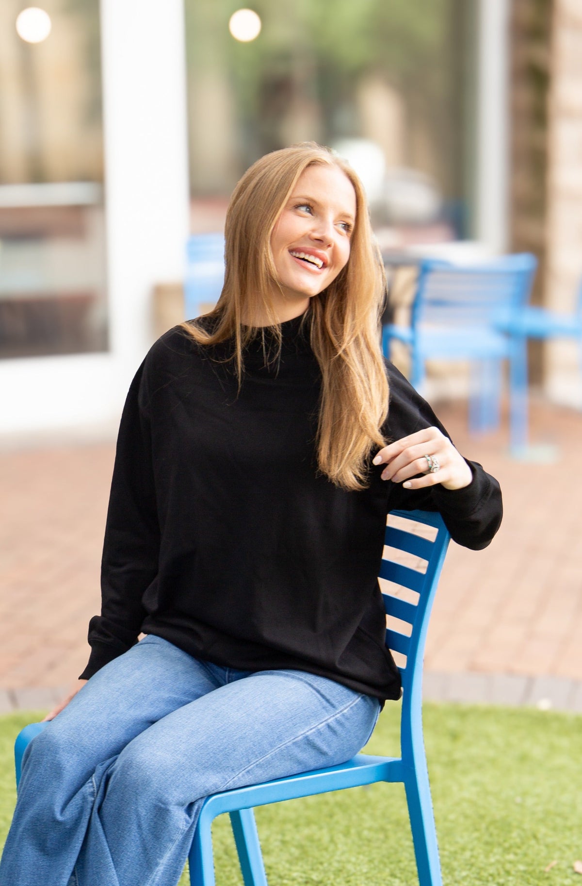 Black Grace+Emma women's mock neck sweatshirt, a stylish and comfortable ladies top with a fitted design and long sleeves.