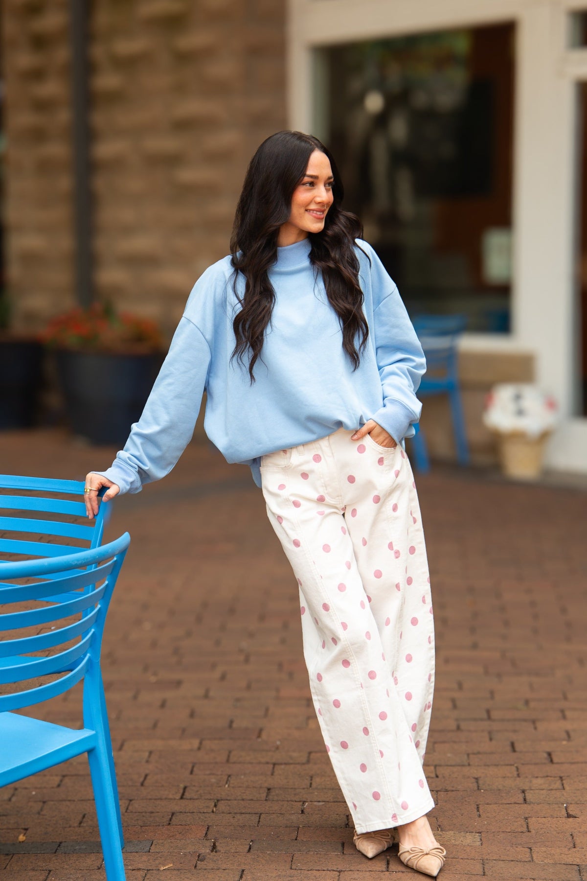Blue Grace+Emma ladies' mock neck sweatshirt, casual top with long sleeves and soft fabric, designed for comfortable style.