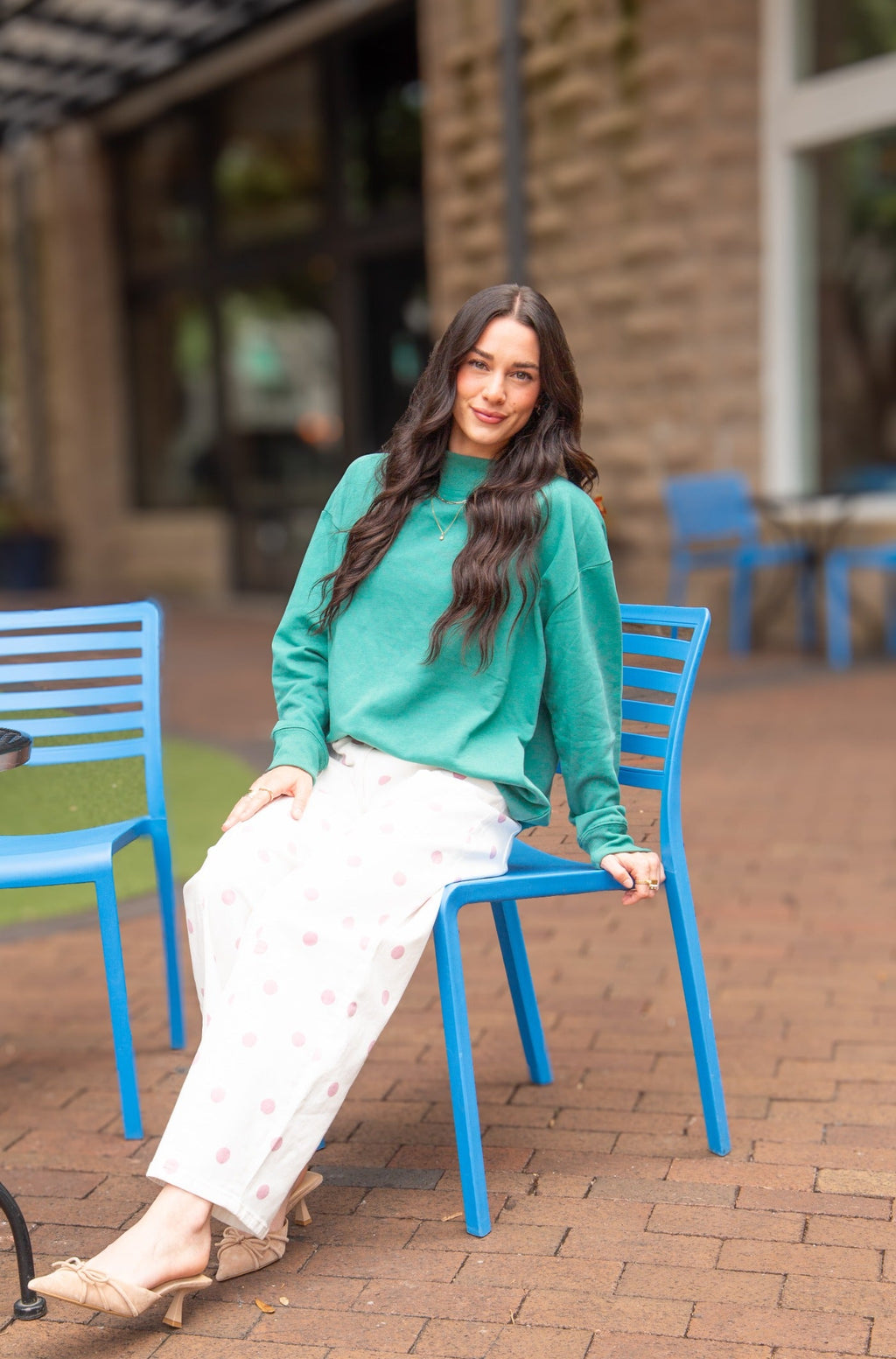 Forest green ladies' mock neck sweatshirt by Grace+Emma, casual top with long sleeves and ribbed neckline.