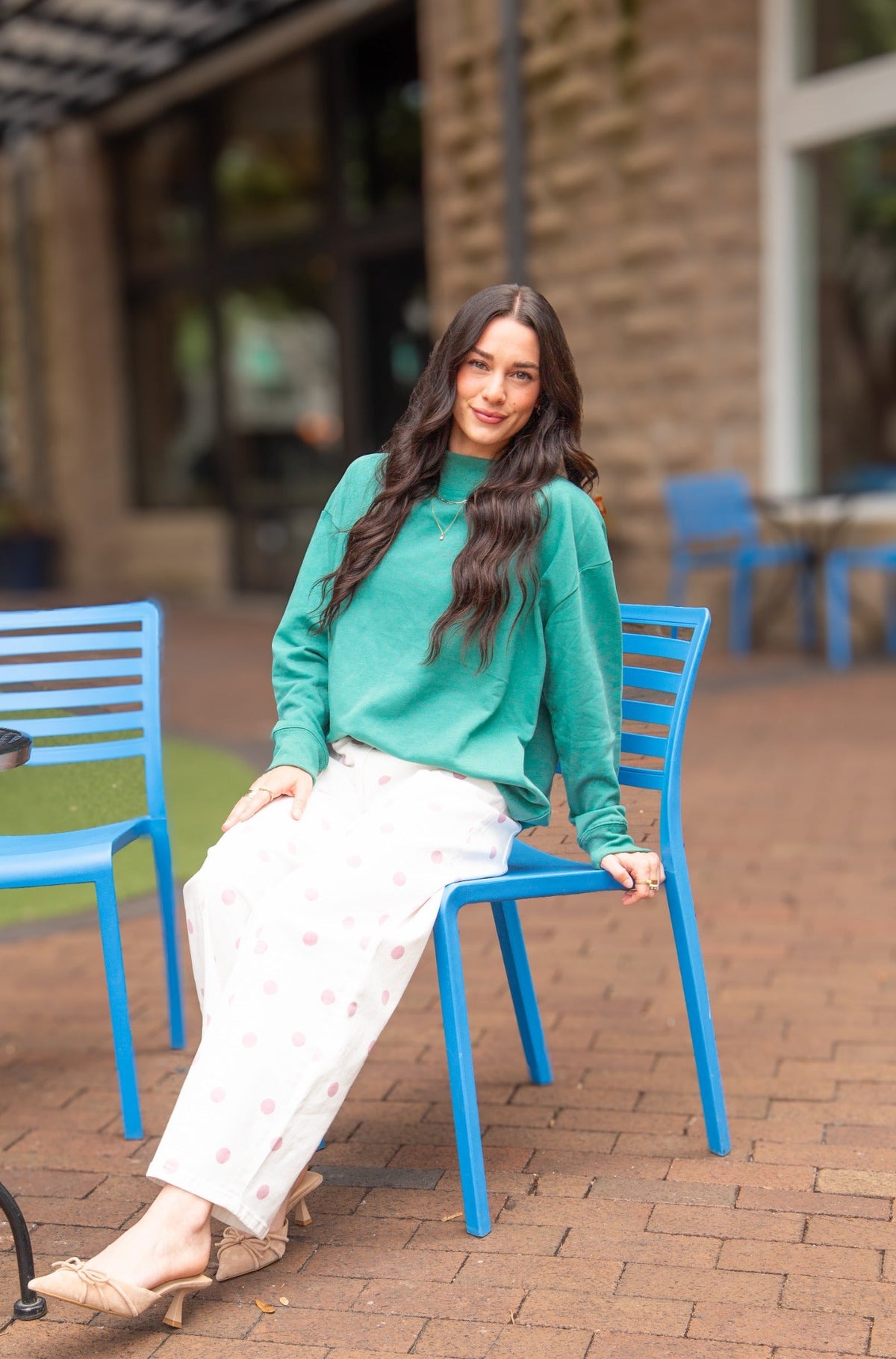 Forest green ladies' mock neck sweatshirt by Grace+Emma, casual top with long sleeves and ribbed neckline.