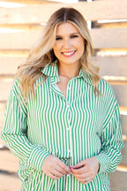 Grace+Emma Kathryn Classic Button-Up in green stripe, ladies top with a stylish collar and button front, shown in size XS.