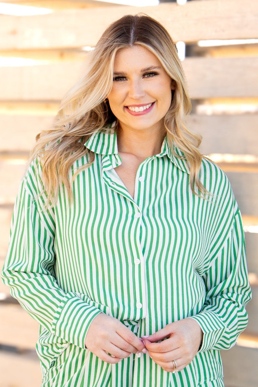 Grace+Emma Kathryn Classic Button-Up in green stripe, ladies top with a stylish collar and button front, shown in size XS.