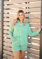 Grace+Emma Kathryn Classic Button-Up in green stripe, ladies' top with a collared neckline and button front, casual and stylish.