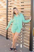 Grace+Emma Kathryn Classic Button-Up top in green stripe, women's long-sleeve blouse with collar and button details.
