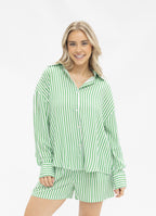 Grace+Emma Kathryn Classic Button-Up in green stripe, ladies top featuring a stylish button-up design and slim fit.