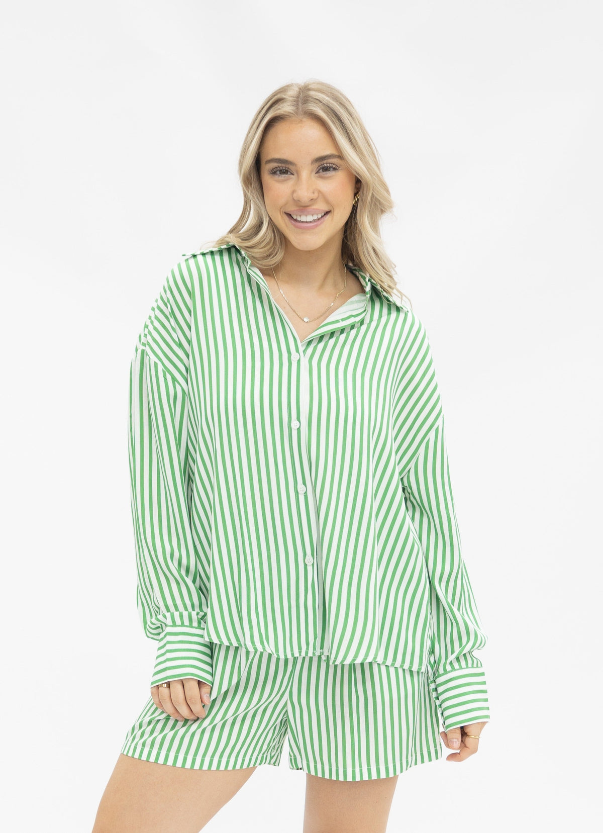 Grace+Emma Kathryn Classic Button-Up in green stripe, ladies top featuring a stylish button-up design and slim fit.