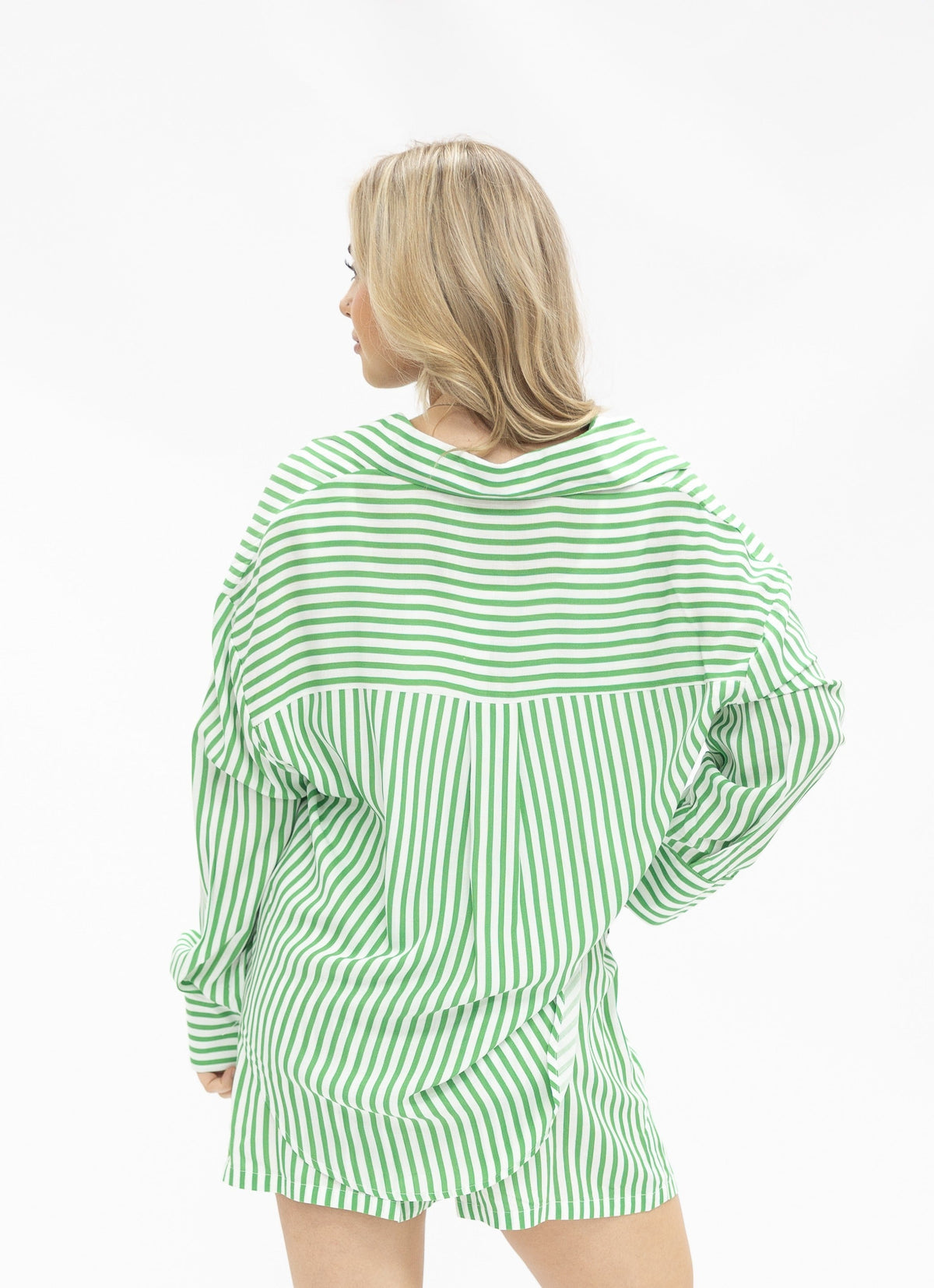 Grace+Emma Kathryn Classic Button-Up top in green stripe, women's casual shirt with buttons and long sleeves, XS size.