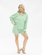 Grace+Emma Kathryn Classic Button-Up in green stripe, ladies top with a tailored fit and button-front design, showcasing a stylish, casual look.