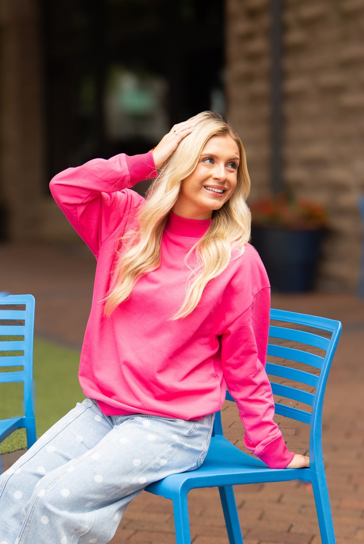 Hot pink Grace+Emma ladies' mock neck sweatshirt, XS size, featuring long sleeves and a cozy, stylish fit.