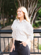 Grace+Emma Kathryn Classic Ivory Polka-Dot Button-Up top for ladies, featuring a stylish button-up design and polka-dot pattern.
