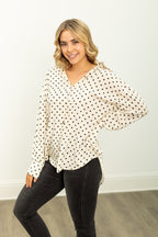 Grace+Emma Kathryn Classic Ivory Polka-Dot Button-Up Ladies Top, front view showing long sleeves and button closure