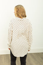 Grace+Emma Kathryn Classic Button-Up top in ivory with polka-dot pattern, women's casual blouse, front buttons and long sleeves.