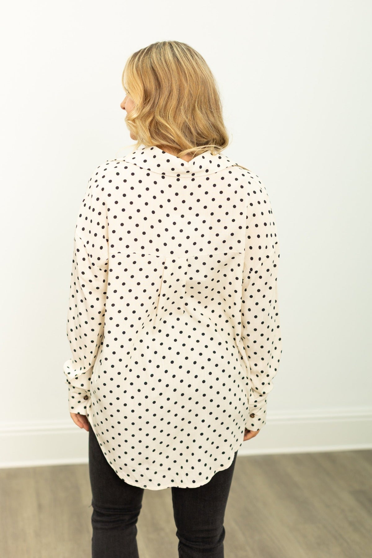 Grace+Emma Kathryn Classic Button-Up top in ivory with polka-dot pattern, women's casual blouse, front buttons and long sleeves.