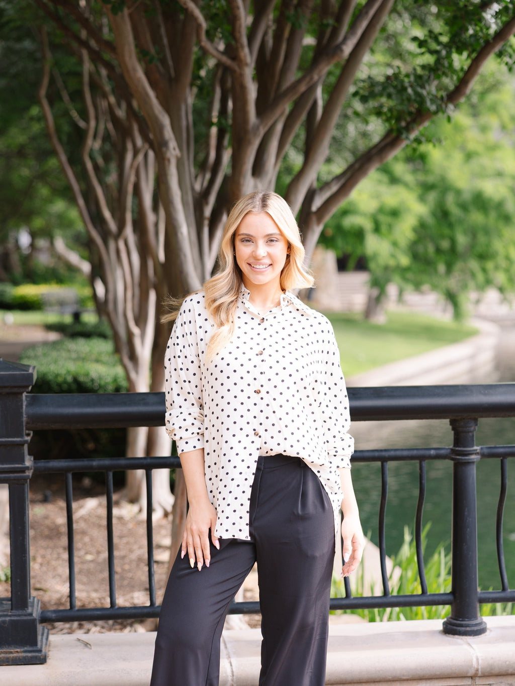 Grace+Emma Kathryn Classic Button-Up top in ivory with polka-dot pattern, women's long-sleeve blouse, casual and stylish.