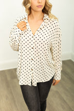 Grace+Emma Kathryn Classic Ivory Polka-Dot Button-Up top for women, featuring a stylish button-front design and polka-dot pattern.