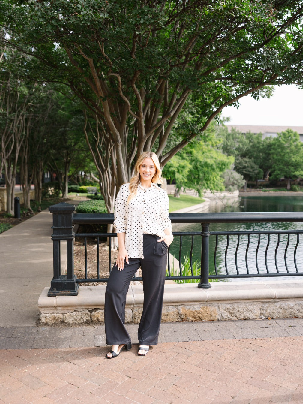 Grace+Emma Kathryn Classic Ivory Polka-Dot Button-Up top for women, featuring a tailored fit and stylish polka-dot pattern.