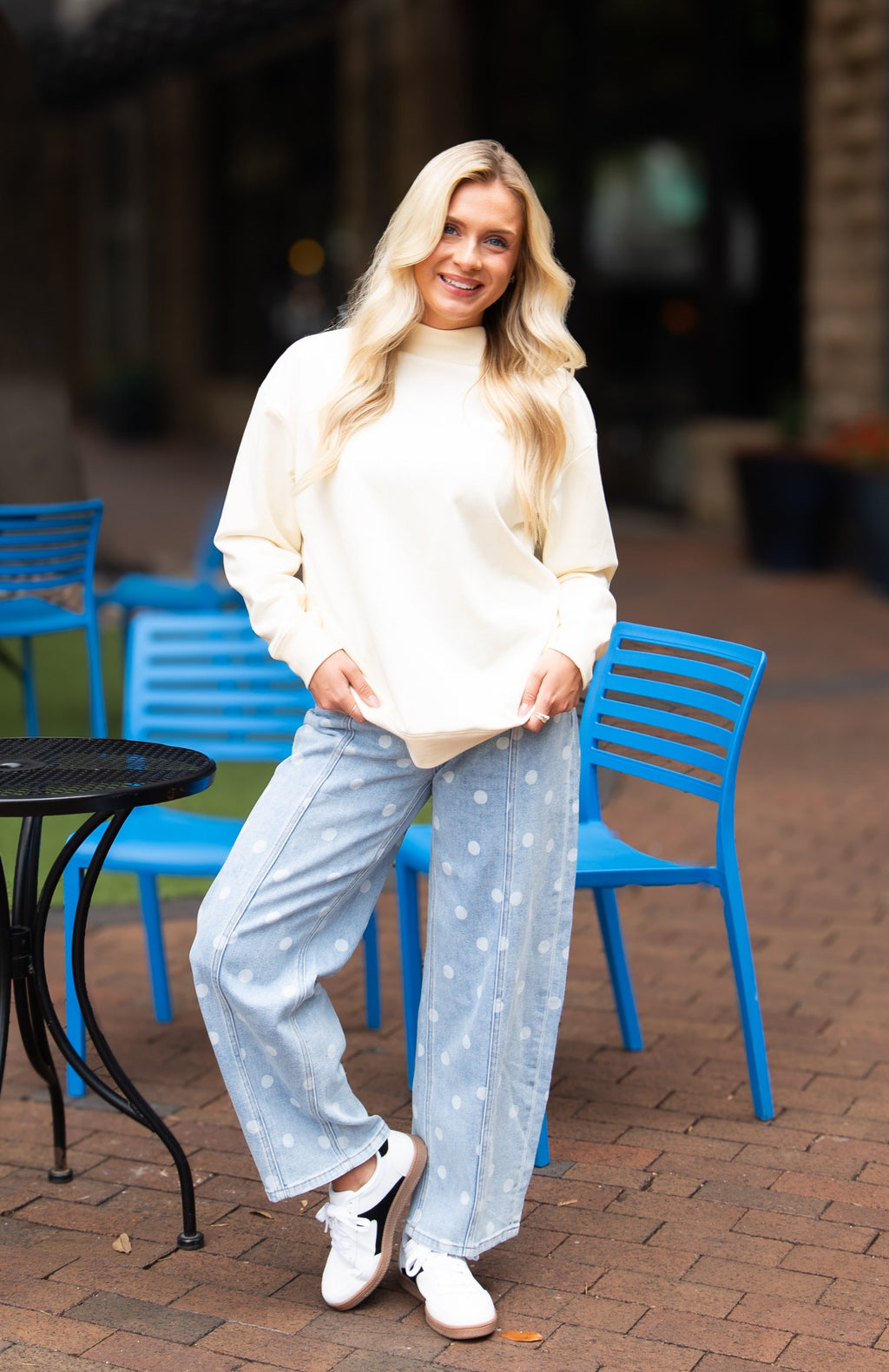Ivory mock neck sweatshirt for ladies by Grace+Emma, casual top with long sleeves and a comfortable fit.