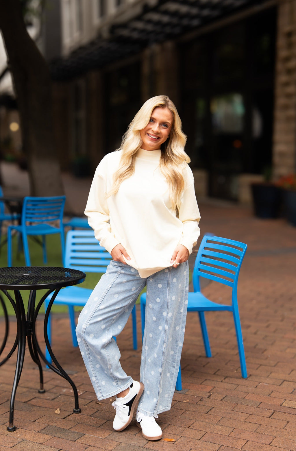 Ivory mock neck sweatshirt for ladies by Grace+Emma, soft knit top with long sleeves and relaxed fit.