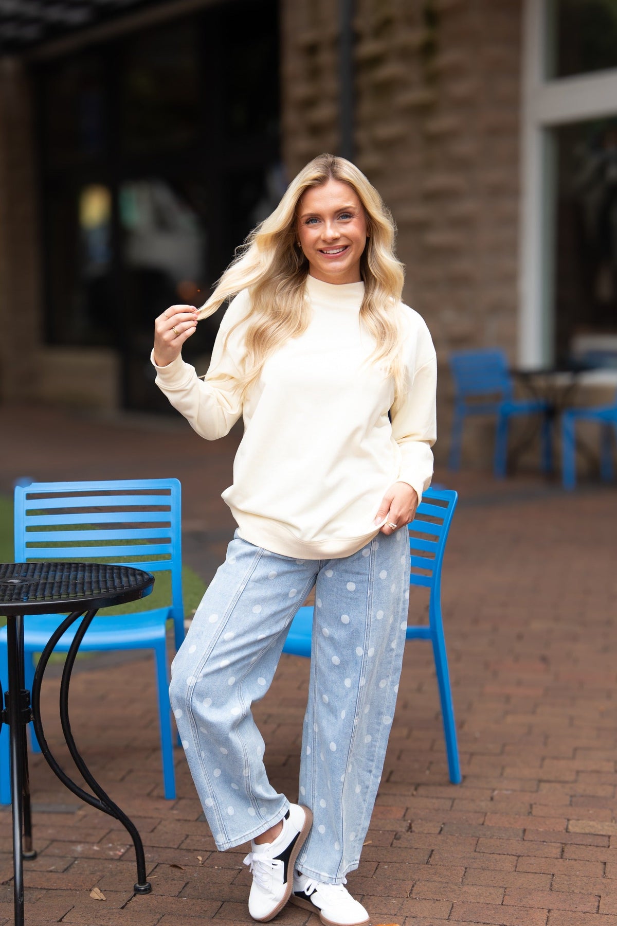Ivory mock neck sweatshirt for women by Grace+Emma, casual ladies top with long sleeves and comfortable fit.