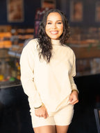 Ivory Grace+Emma ladies' mock neck sweatshirt, soft fabric, long sleeves, casual style, front view, XS size.