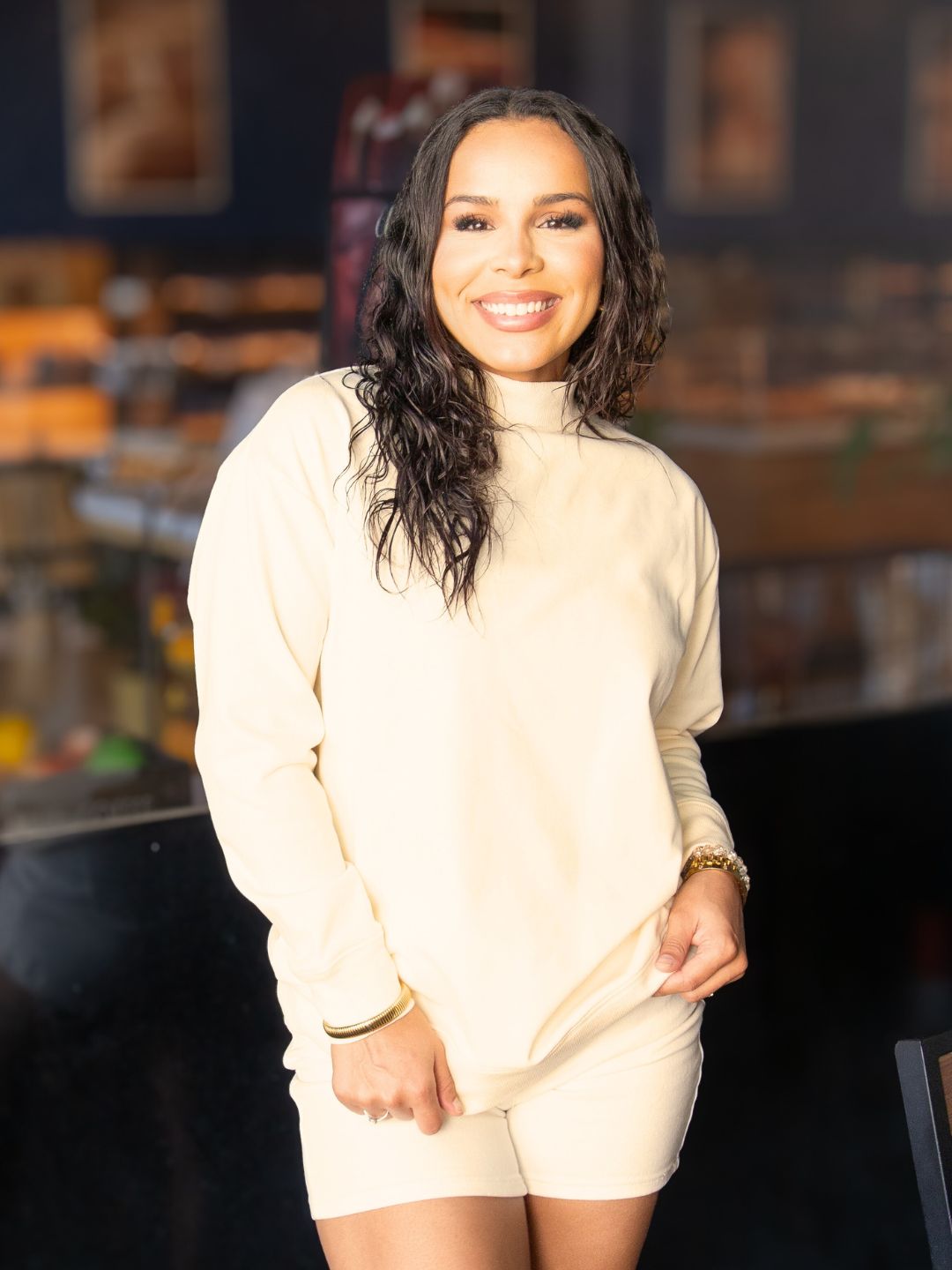 Ivory Grace+Emma ladies' mock neck sweatshirt, soft fabric, long sleeves, casual style, front view, XS size.