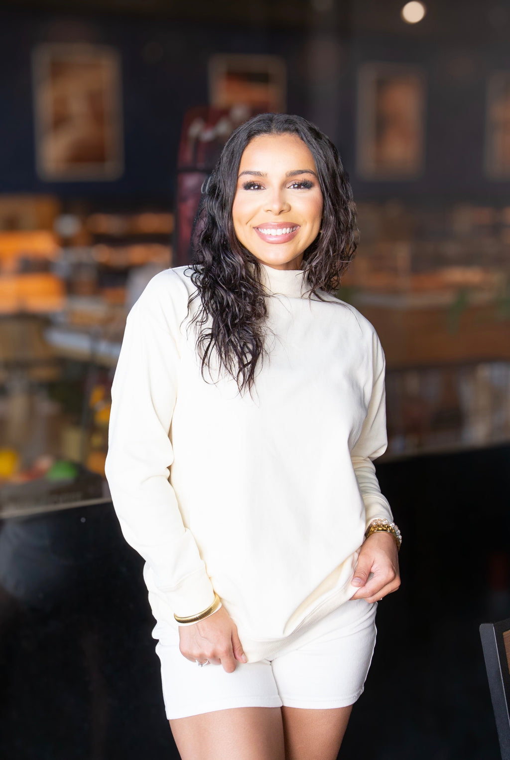 Ivory mock neck sweatshirt for women by Grace+Emma, casual ladies top with long sleeves and comfortable fit.