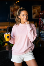 Light pink Grace+Emma women's mock neck sweatshirt, casual ladies top with long sleeves and relaxed fit.