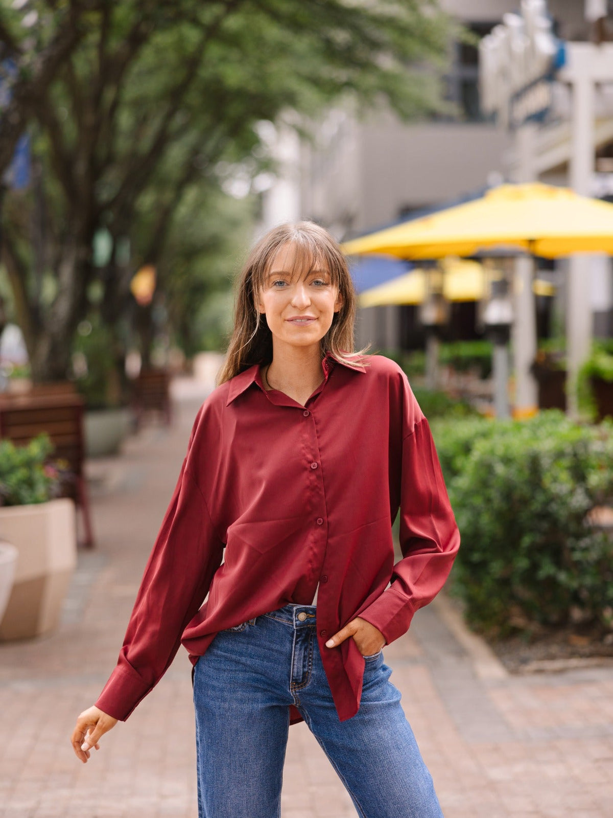 Maroon Kathryn Button-Up blouse for women by Grace+Emma, shown in size XS with long sleeves and a classic collar.