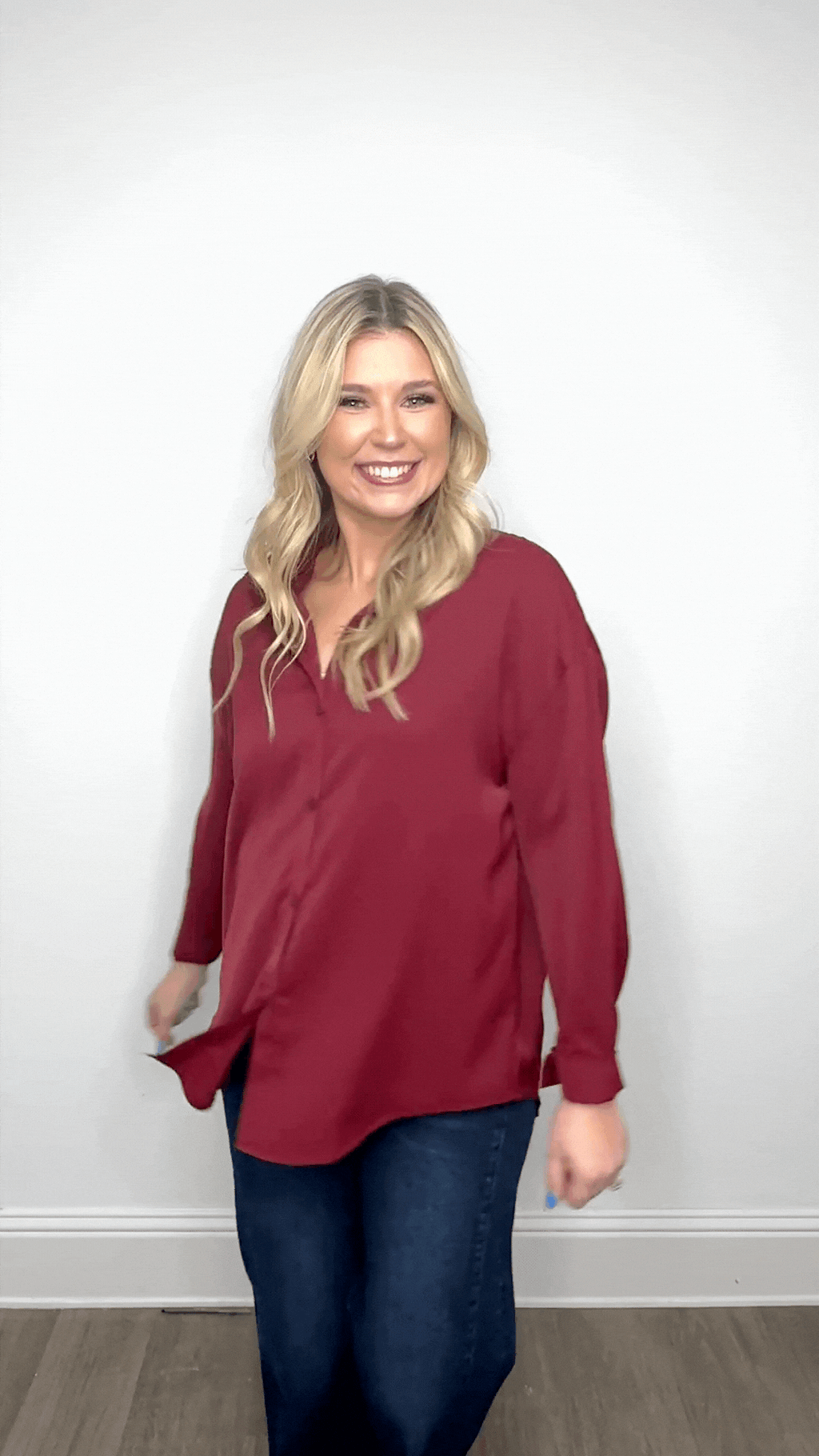 Maroon ladies button-up top by Grace+Emma, The Kathryn style, featuring a classic collar and long sleeves, casual elegant look.