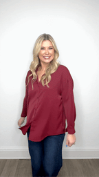 Maroon ladies button-up top by Grace+Emma, The Kathryn style, featuring a classic collar and long sleeves, casual elegant look.