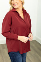 Maroon women's button-up top from Grace+Emma, The Kathryn, with long sleeves and collar, shown in XS size.