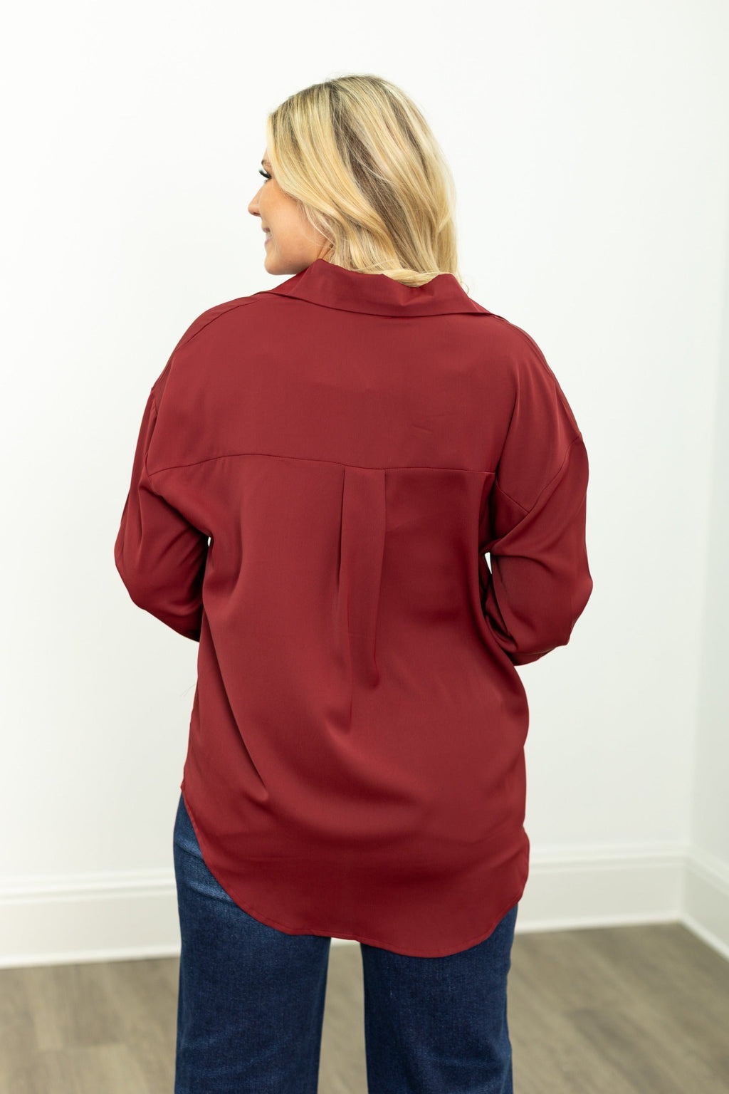 Maroon women's Kathryn Button-Up top by Grace+Emma, XS size, featuring a classic collar and button front, casual and stylish.