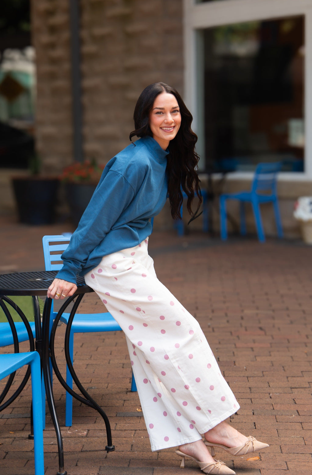 Navy mock neck sweatshirt for women by Grace+Emma, featuring a cozy fit and casual style, shown on a model.
