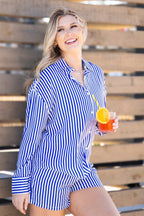 Grace+Emma Kathryn Classic Button-Up top in blue stripe, women's long sleeve shirt with collar and button closure.