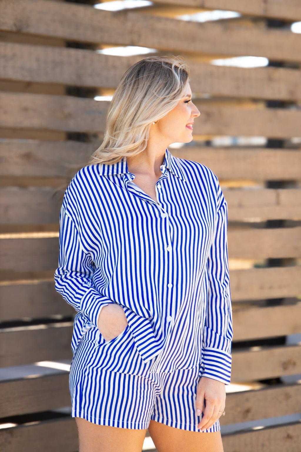 Grace+Emma Kathryn Classic Button-Up top in blue stripe, women's tailored shirt with collar and long sleeves, stylish and comfortable.
