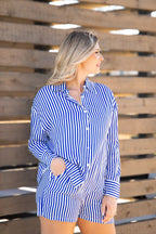 Grace+Emma Kathryn Classic Button-Up top in blue stripe, women's tailored shirt with collar and long sleeves, stylish and comfortable.